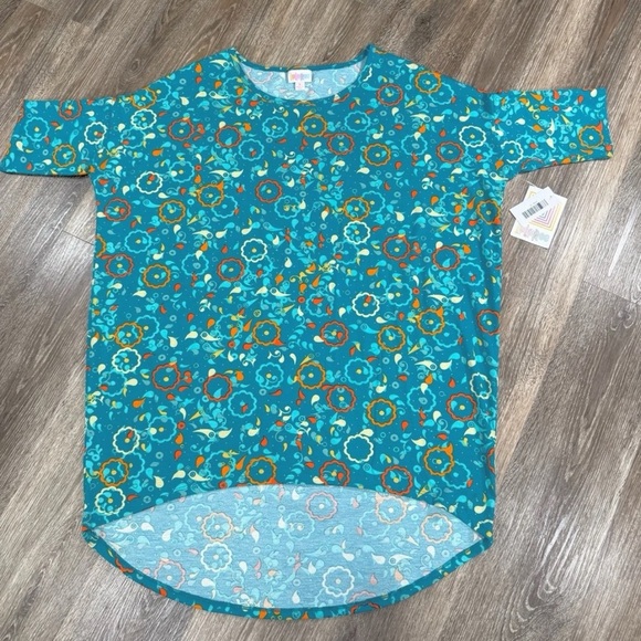 Lularoe Blouse sz:S Irma Hi Lo Tunic Teal & Orange Floral Geometric Boho Relaxed - Picture 1 of 4